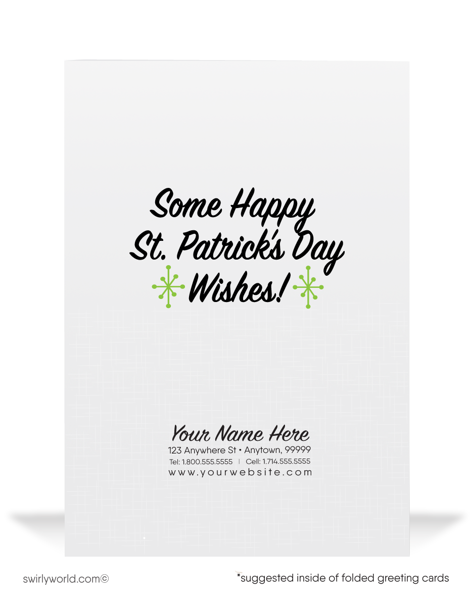 Celebrate St. Patrick’s Day with a retro-style card featuring a cheerful Irish barmaid serving up frothy beer and festive charm. Perfect for clients & friends!