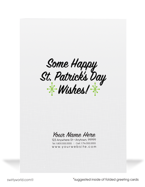 Cute business "Lucky to have you as a customer" green shamrocks Irish Red-head barmaid with beers happy St. Patrick's Day cards.