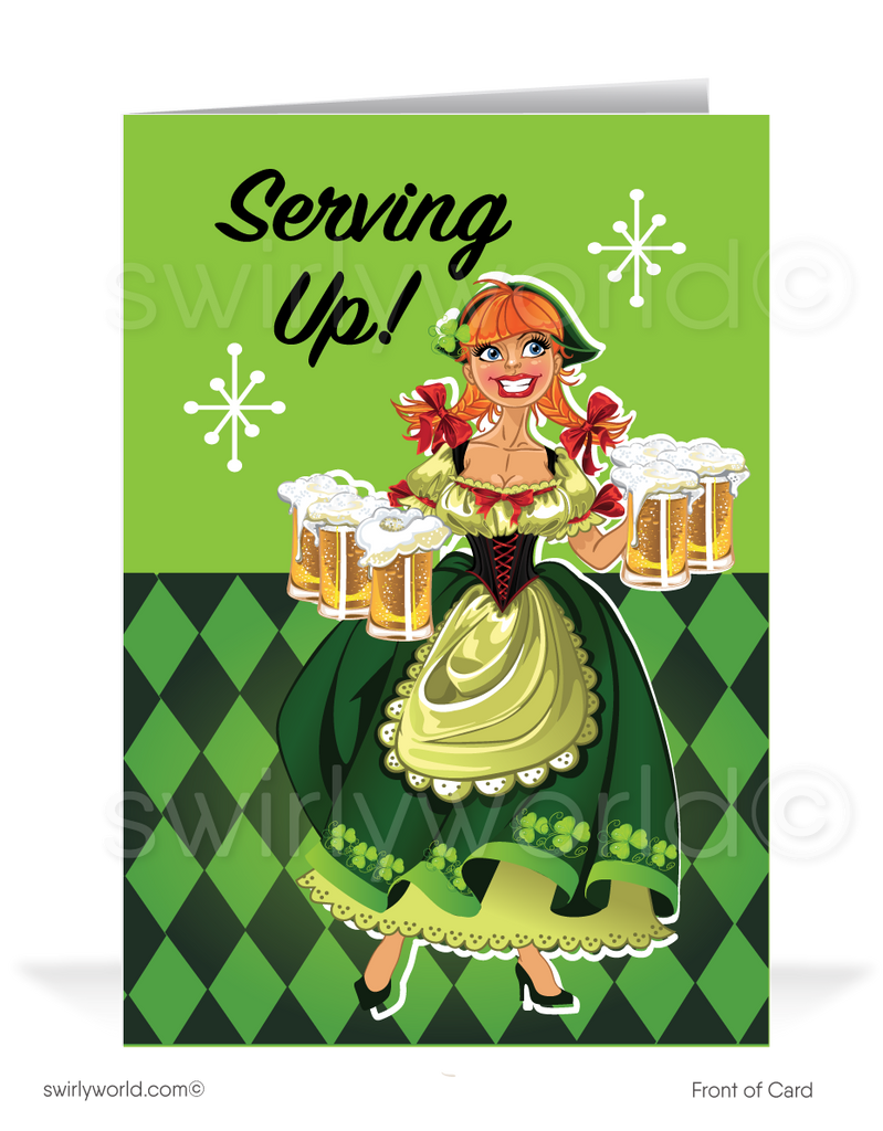 Cute business "Lucky to have you as a customer" green shamrocks Irish Red-head barmaid with beers happy St. Patrick's Day cards.