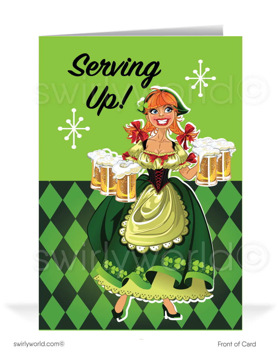 Celebrate St. Patrick’s Day with a retro-style card featuring a cheerful Irish barmaid serving up frothy beer and festive charm. Perfect for clients & friends!