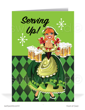 Celebrate St. Patrick’s Day with a retro-style card featuring a cheerful Irish barmaid serving up frothy beer and festive charm. Perfect for clients & friends!