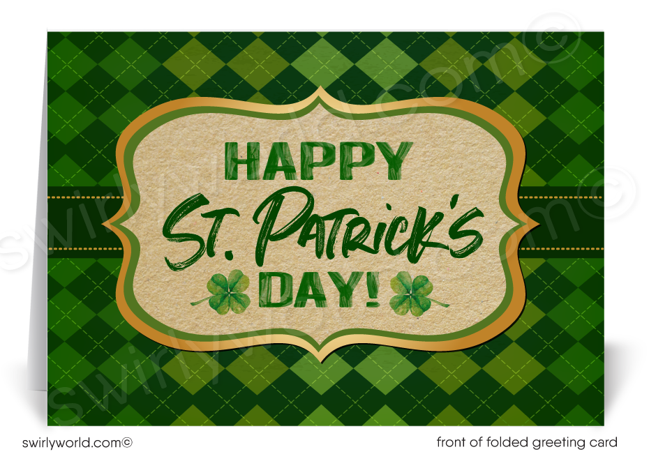 Corporate professional happy St. Patrick's Day greeting cards for business customers; green shamrocks argyle pattern.