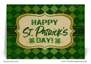 Custom St. Patrick’s Day card with a festive argyle backdrop, shamrocks & retro calligraphy. Perfect for businesses to show appreciation & stay connected!