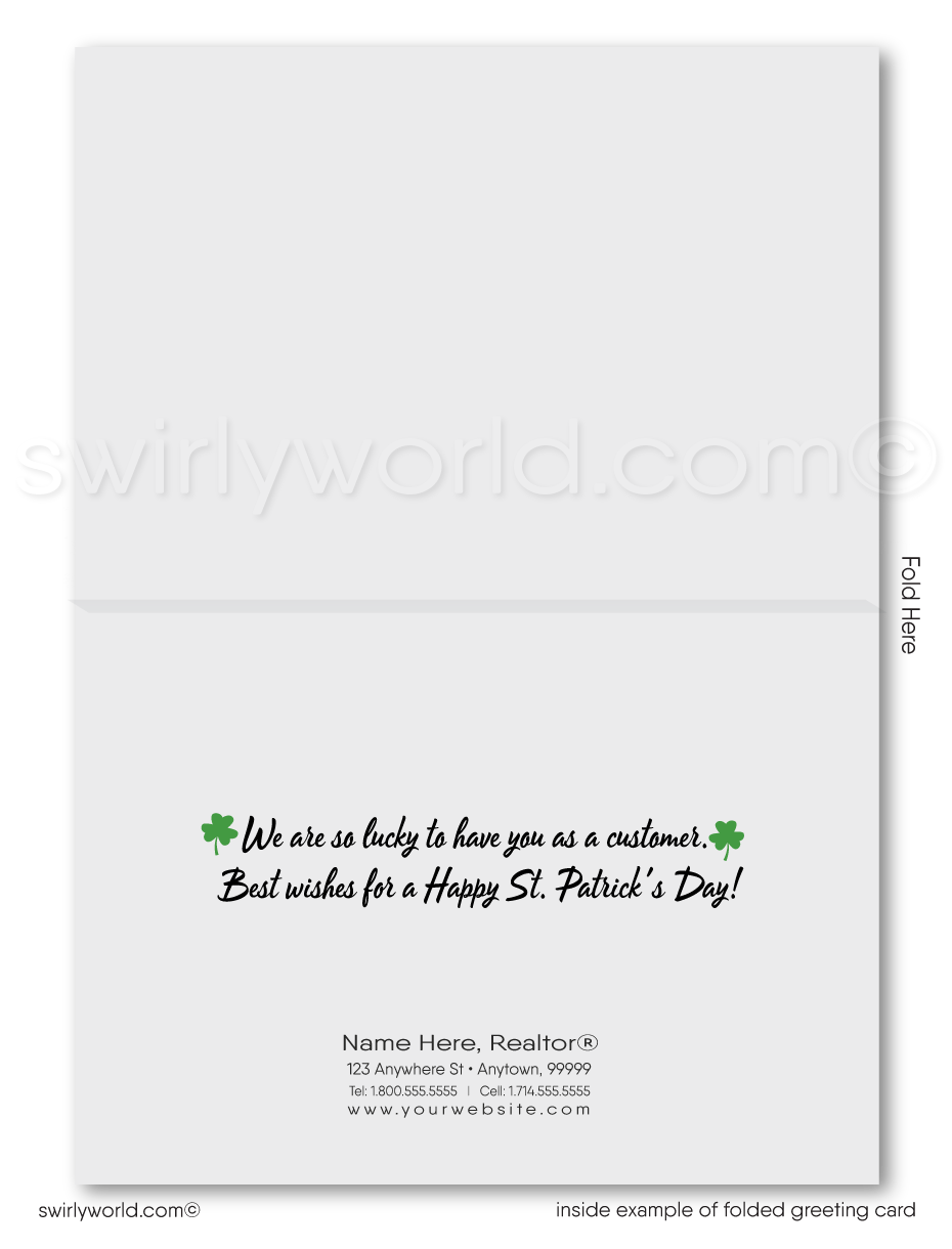 Custom St. Patrick’s Day card with a retro 1950s-style sign, shimmering pot of gold & cascading shamrocks. A perfect way to show appreciation & stay connected!