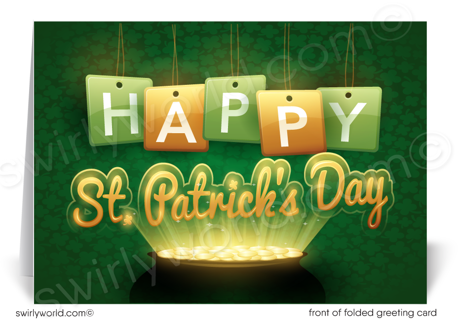 Custom St. Patrick’s Day card with a retro 1950s-style sign, shimmering pot of gold & cascading shamrocks. A perfect way to show appreciation & stay connected!