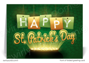 Custom St. Patrick’s Day card with a retro 1950s-style sign, shimmering pot of gold & cascading shamrocks. A perfect way to show appreciation & stay connected!