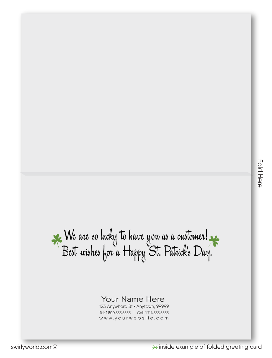 Celebrate St. Patrick’s Day with a custom card featuring a dancing leprechaun, pot of gold & shamrocks. Perfect for businesses to show appreciation!