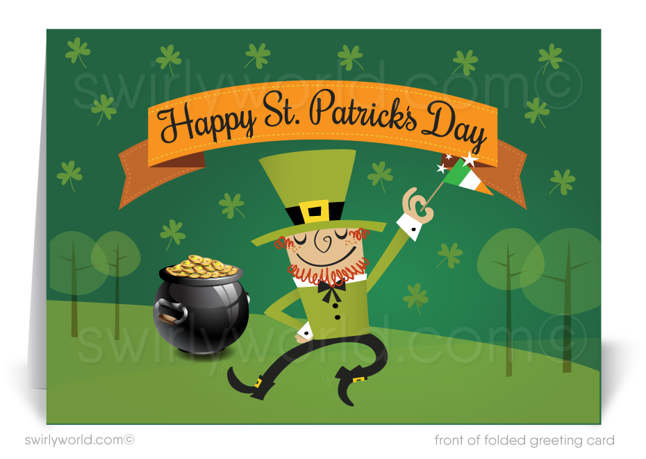 Celebrate St. Patrick’s Day with a custom card featuring a dancing leprechaun, pot of gold & shamrocks. Perfect for businesses to show appreciation!