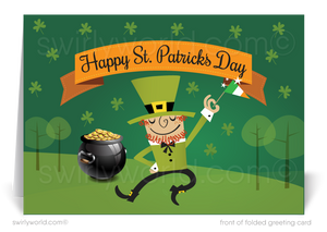 Celebrate St. Patrick’s Day with a custom card featuring a dancing leprechaun, pot of gold & shamrocks. Perfect for businesses to show appreciation!