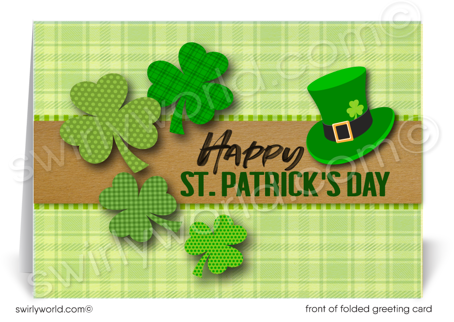 Custom St. Patrick’s Day card with a festive plaid backdrop, shamrocks & leprechaun hat. Perfect for businesses to show appreciation & stay connected!
