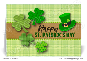 Custom St. Patrick’s Day card with a festive plaid backdrop, shamrocks & leprechaun hat. Perfect for businesses to show appreciation & stay connected!