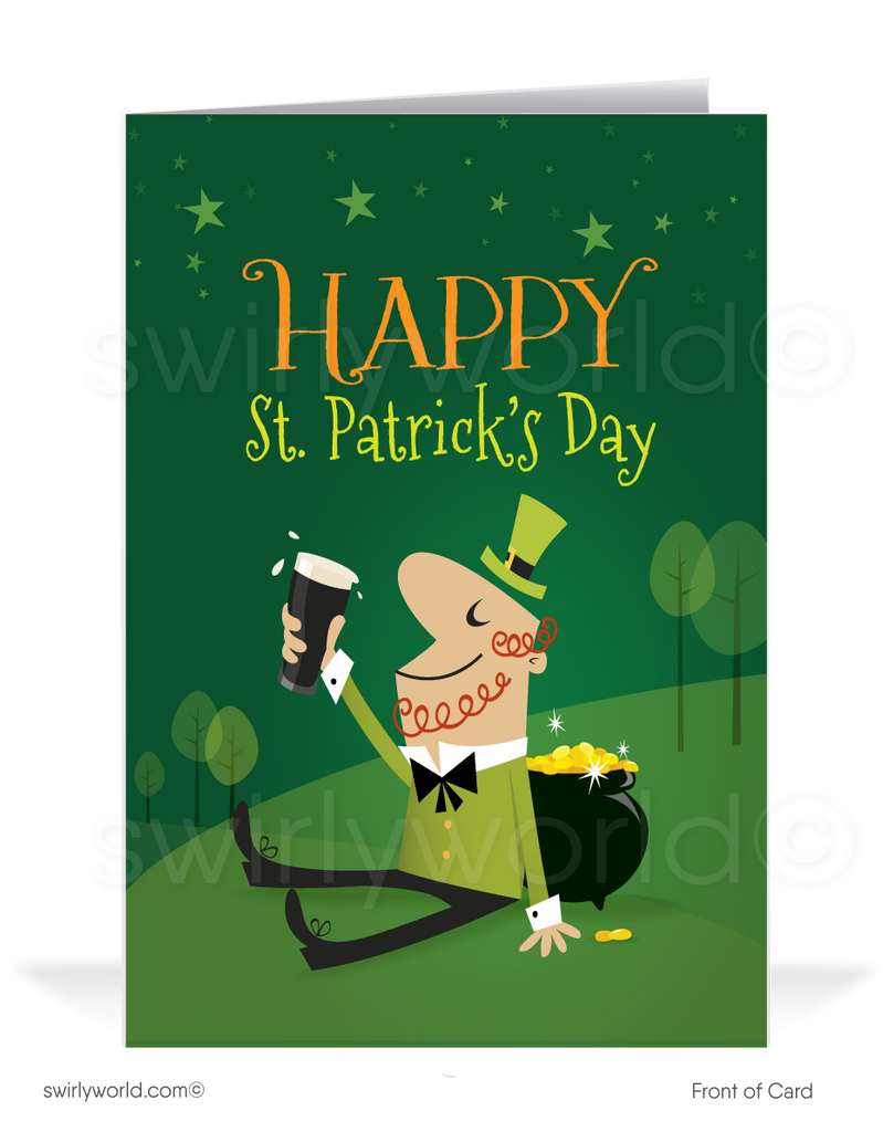 Cute business "Lucky to have you as a customer" green shamrocks leprechaun with pot of gold drinking beer happy St. Patrick's Day greeting cards.