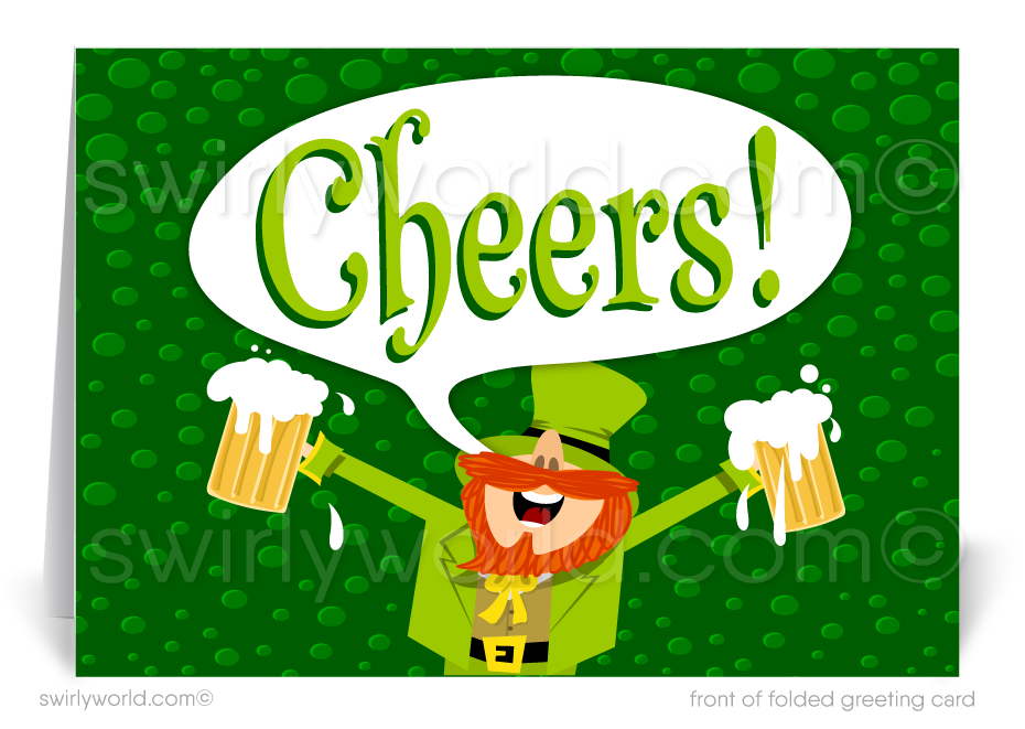 Celebrate St. Patrick’s Day with a custom greeting card! Featuring a cheerful leprechaun, shamrocks & beer mugs, it's the perfect way to share luck & appreciation.