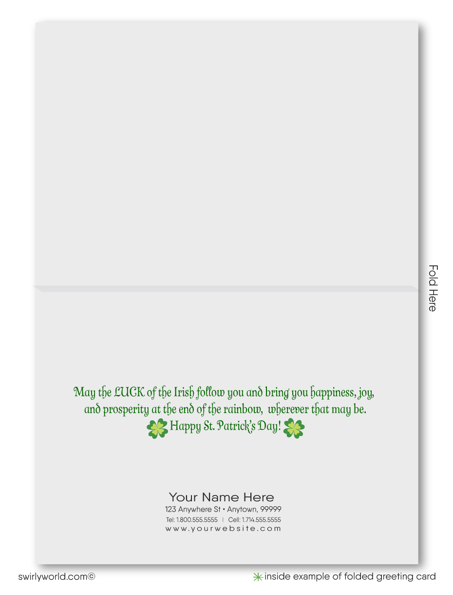 Celebrate St. Patrick’s Day with a custom greeting card! Featuring a cheerful leprechaun, shamrocks & beer mugs, it's the perfect way to share luck & appreciation.