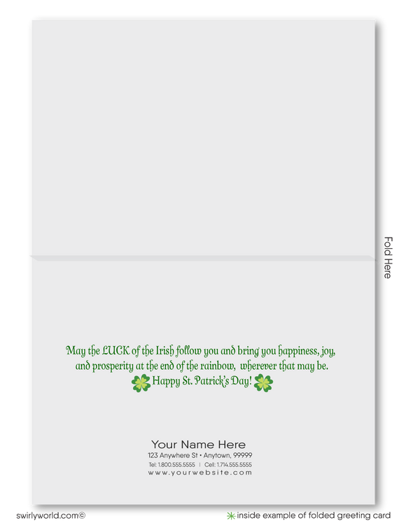 Corporate happy St. Patrick's Day greeting cards for business professionals; cheers, shamrocks, green, leprechaun "Luck of the Irish."