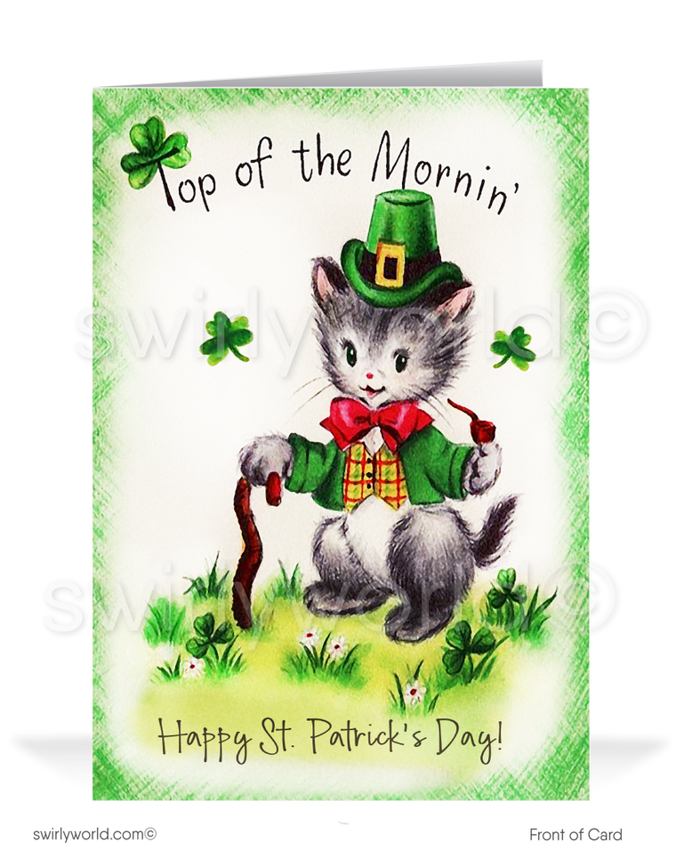 Vintage 1940s-1950s retro kitsch traditional Irish cat leprechaun green shamrocks  happy St. Patrick's Day greeting cards.