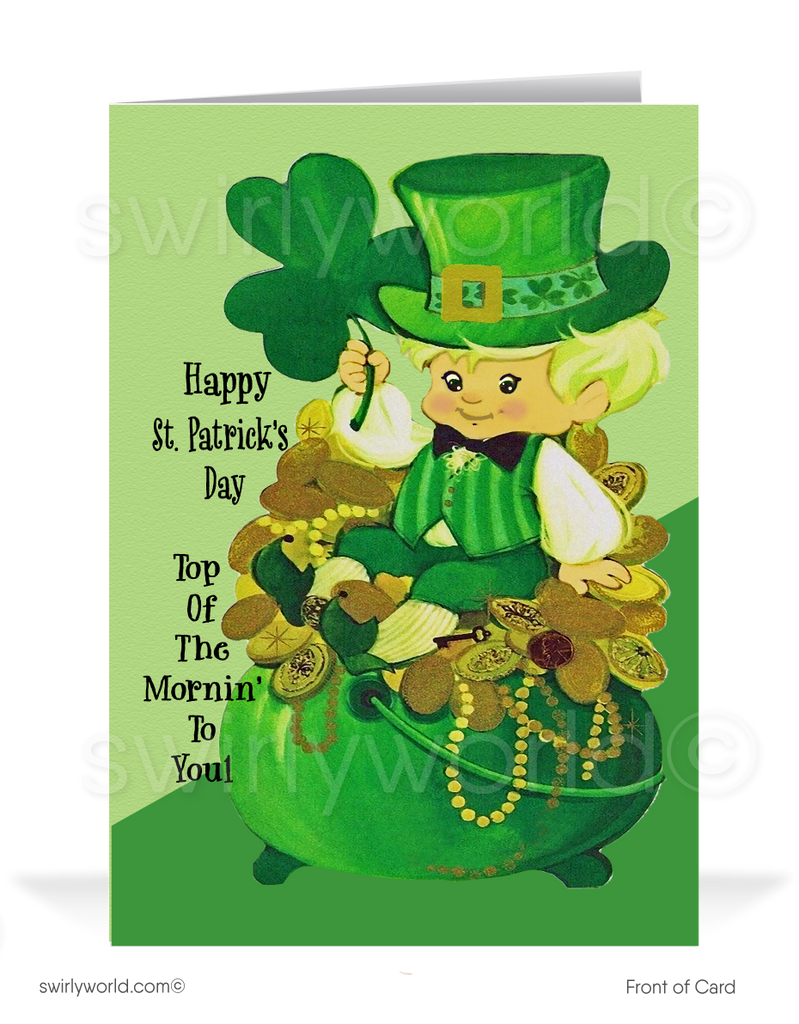 Vintage 1960s-1970s retro kitsch traditional Irish mod leprechaun green shamrocks  happy St. Patrick's Day greeting cards.