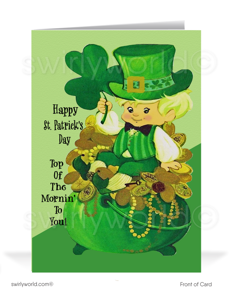 Vintage 1960s-1970s retro kitsch traditional Irish mod leprechaun green shamrocks  happy St. Patrick's Day greeting cards.