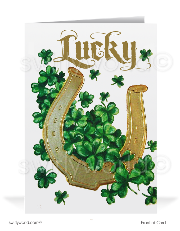Vintage 1920s-1930s Victorian traditional Irish lucky horseshoe green shamrocks happy St. Patrick's Day greeting cards.