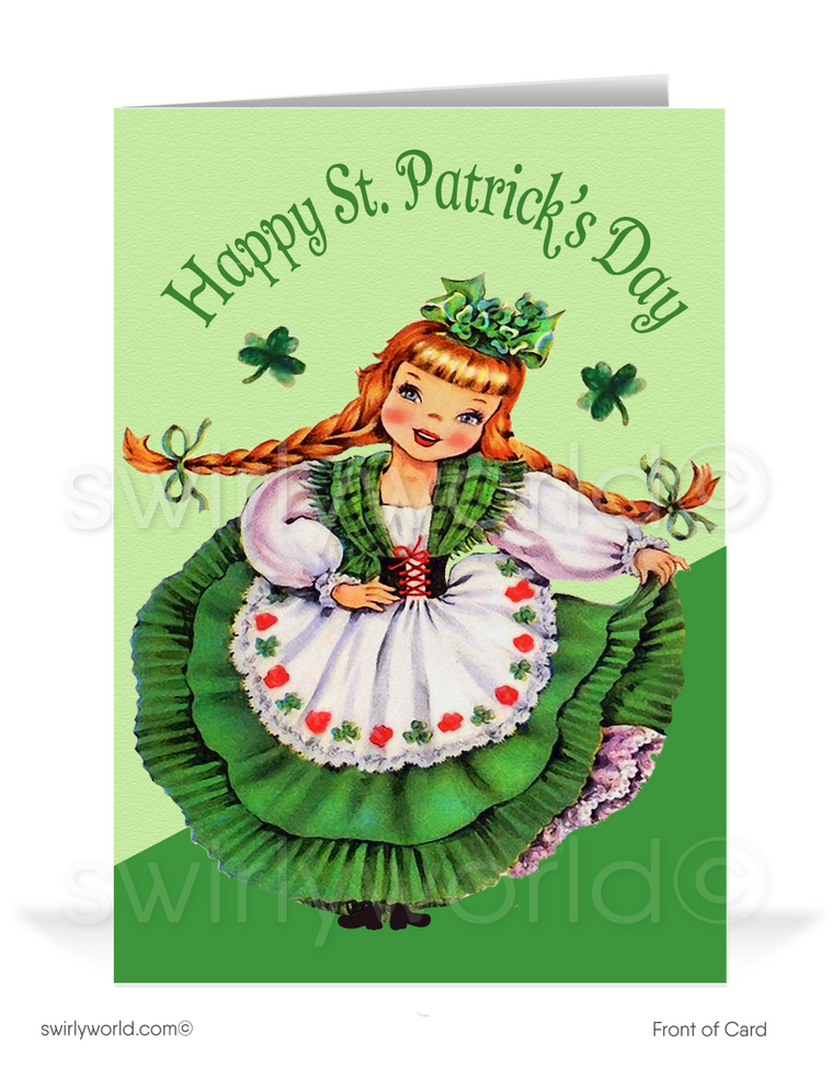 Vintage 1940s-1950s retro kitsch traditional Irish girl green shamrocks  happy St. Patrick's Day greeting cards.