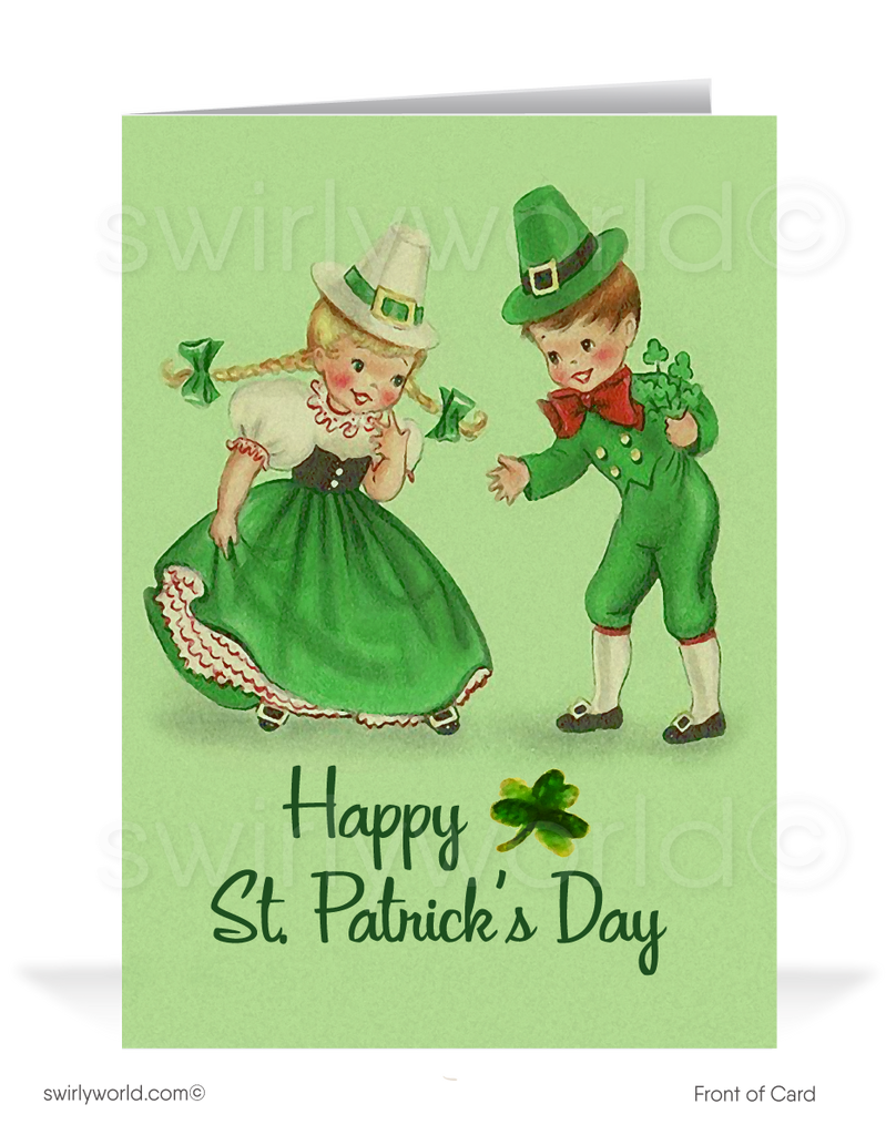 Vintage 1940s-1950s retro kitsch traditional Irish dancers green shamrocks happy St. Patrick's Day greeting cards.