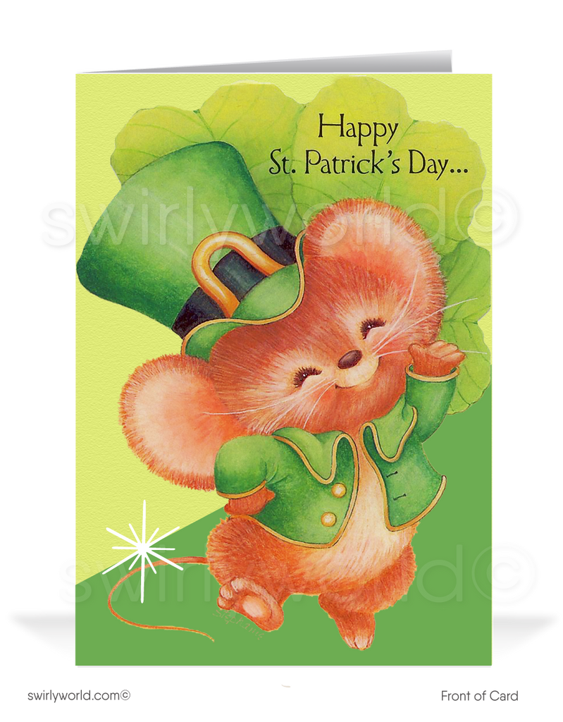 Vintage 1960s-1970s retro leprechaun Irish mouse green shamrocks  happy St. Patrick's Day greeting cards.