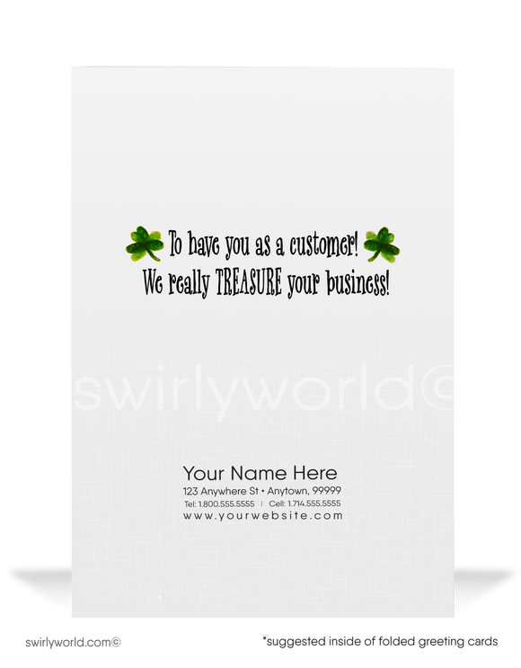 Vintage 1960s retro kitsch "Lucky to have you as a customer" green shamrocks leprechaun on mushroom St. Patrick's Day greeting cards.