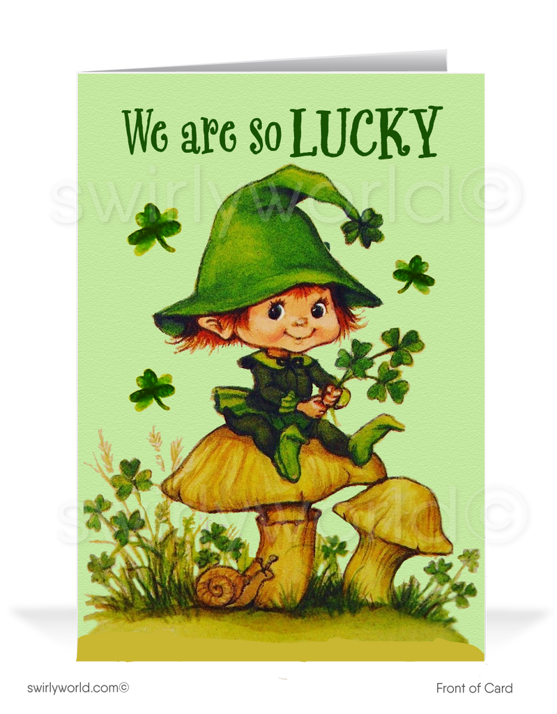 Vintage 1960s retro kitsch "Lucky to have you as a customer" green shamrocks leprechaun on mushroom St. Patrick's Day greeting cards.