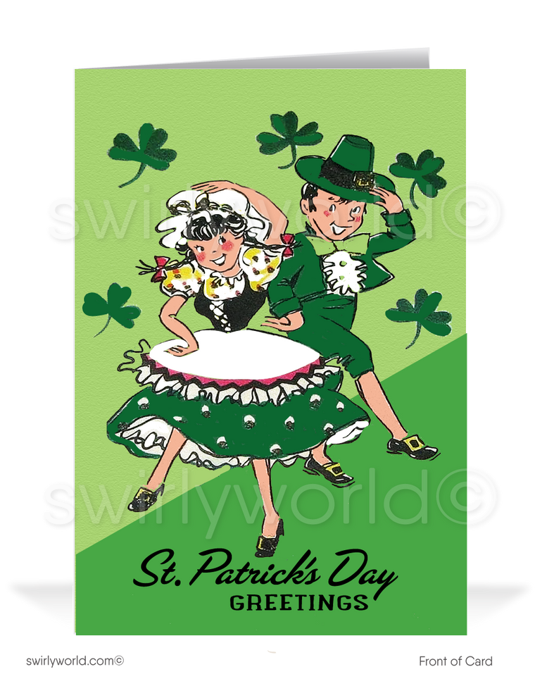 Vintage 1940s-1950s retro Irish dancers green shamrocks leprechaun happy St. Patrick's Day greeting cards.
