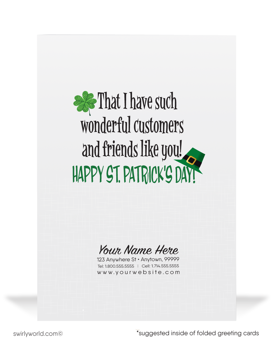 Cute business "Lucky to have you as a customer" green shamrocks leprechaun horseshoe happy St. Patrick's Day greeting cards.