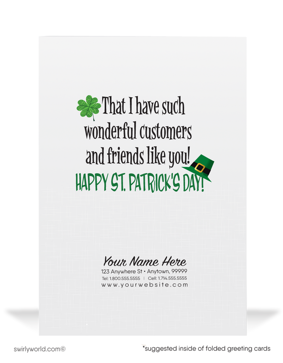 Cute business "Lucky to have you as a customer" green shamrocks leprechaun horseshoe happy St. Patrick's Day greeting cards.