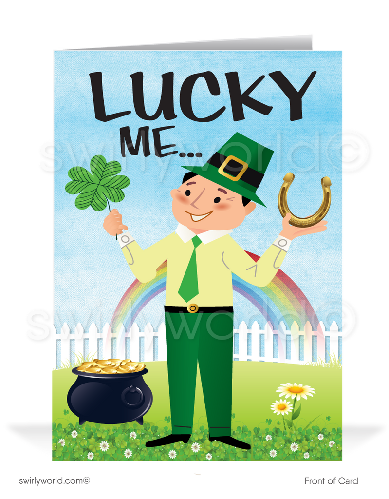 Cute business "Lucky to have you as a customer" green shamrocks leprechaun horseshoe happy St. Patrick's Day greeting cards.