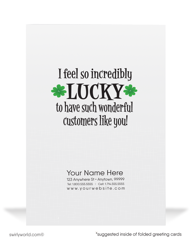 Cute business "Lucky to have you as a customer" green shamrocks leprechaun with pot of gold happy St. Patrick's Day greeting cards.