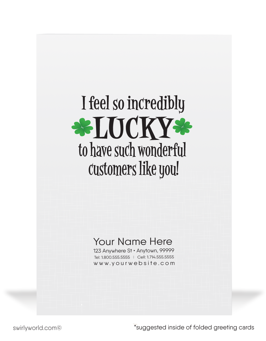 Celebrate St. Patrick’s Day with a vintage-style card featuring a joyful leprechaun, pot of gold, and rainbow over a lush Irish countryside. Perfect for clients & friends!