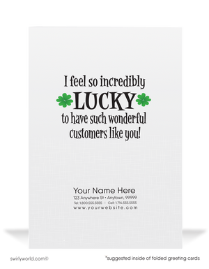 Cute business "Lucky to have you as a customer" green shamrocks leprechaun with pot of gold happy St. Patrick's Day greeting cards.