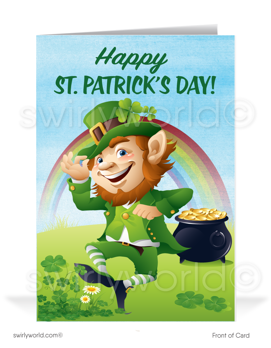 Celebrate St. Patrick’s Day with a vintage-style card featuring a joyful leprechaun, pot of gold, and rainbow over a lush Irish countryside. Perfect for clients & friends!