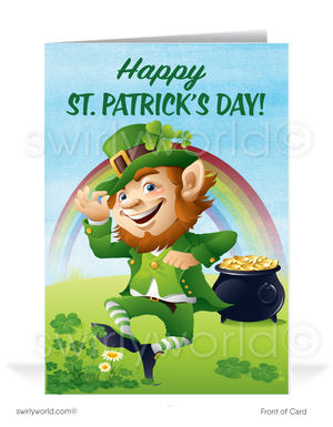 Celebrate St. Patrick’s Day with a vintage-style card featuring a joyful leprechaun, pot of gold, and rainbow over a lush Irish countryside. Perfect for clients & friends!