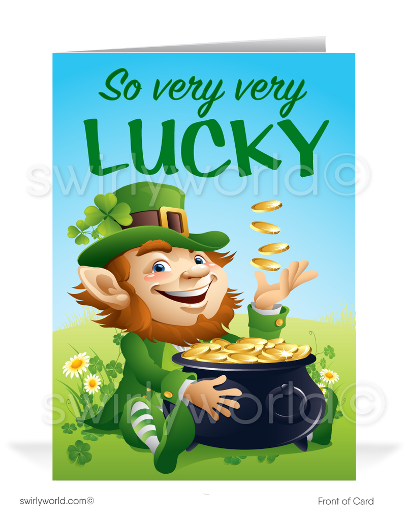Cute business "Lucky to have you as a customer" green shamrocks leprechaun with pot of gold; happy St. Patrick's Day greeting cards.