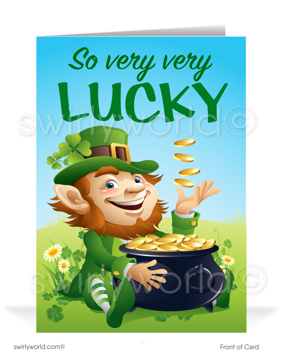 Celebrate St. Patrick’s Day with a custom greeting card! Featuring a playful leprechaun, gold coins & shamrocks, it’s a festive way to share luck & appreciation.