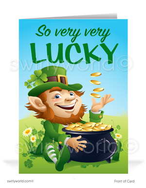 Celebrate St. Patrick’s Day with a custom greeting card! Featuring a playful leprechaun, gold coins & shamrocks, it’s a festive way to share luck & appreciation.