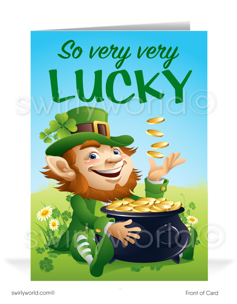 Cute business "Lucky to have you as a customer" green shamrocks leprechaun with pot of gold; happy St. Patrick's Day greeting cards.