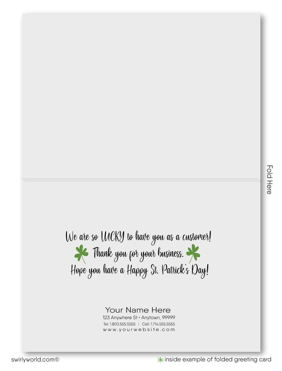 Custom St. Patrick’s Day card featuring a shamrock garden, pot of gold, leprechaun hat & retro script. A festive way to show appreciation & stay connected!