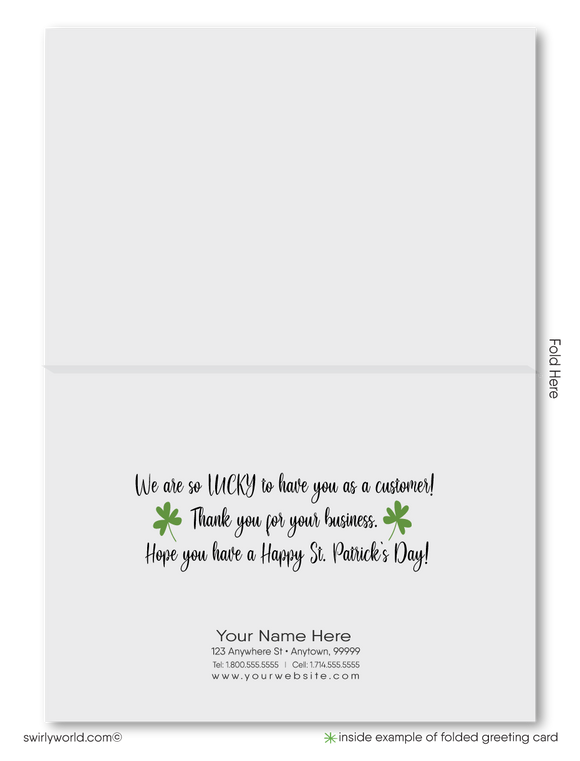 Cute business "Lucky to have you as a customer" green shamrocks pot of gold with rainbow leprechaun happy St. Patrick's Day greeting cards.