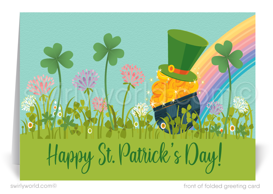 Custom St. Patrick’s Day card featuring a shamrock garden, pot of gold, leprechaun hat & retro script. A festive way to show appreciation & stay connected!