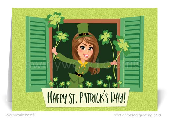Cute St. Patty's Day Lady Woman Girl holding shamrocks coming out of a window St. Patrick's Day cards for Realtors.