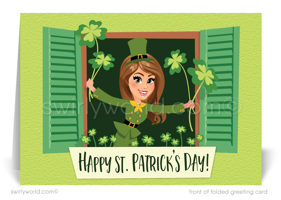 Cute St. Patty's Day Lady Woman Girl holding shamrocks coming out of a window St. Patrick's Day cards for Realtors.