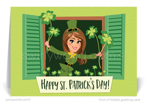 Cute St. Patty's Day Lady Woman Girl holding shamrocks coming out of a window St. Patrick's Day cards for Realtors.