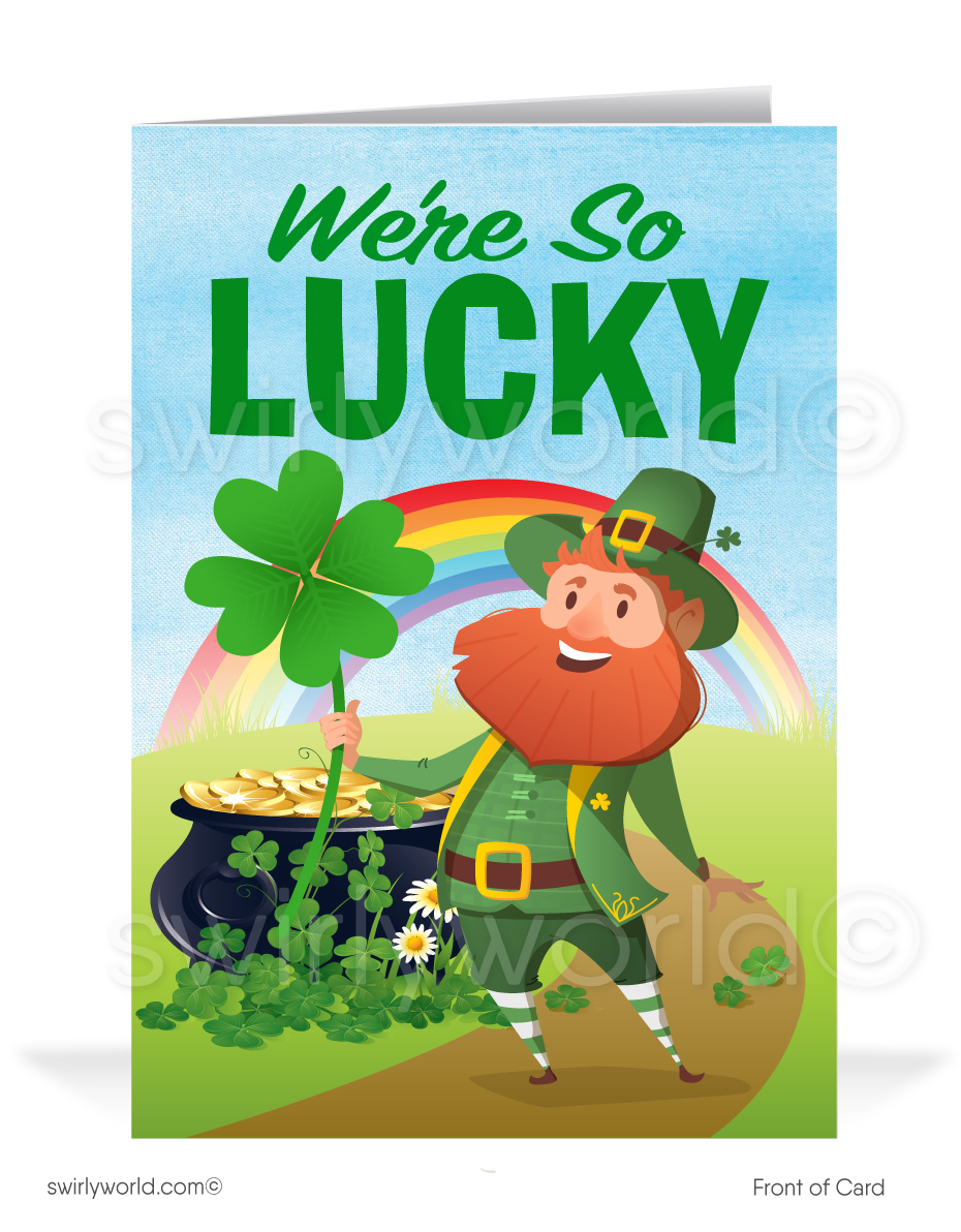 Celebrate St. Patrick’s Day with a custom greeting card! Featuring a cheerful leprechaun, rainbow & pot of gold, it's a fun way to spread luck & appreciation.