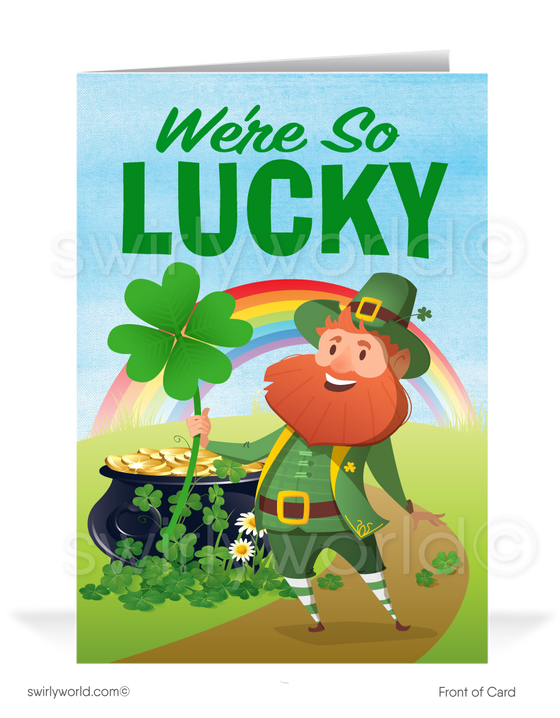 Cute business "Lucky to have you as a customer" green shamrocks, rainbow, pot of gold leprechaun happy St. Patrick's Day cards.