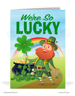 Celebrate St. Patrick’s Day with a custom greeting card! Featuring a cheerful leprechaun, rainbow & pot of gold, it's a fun way to spread luck & appreciation.